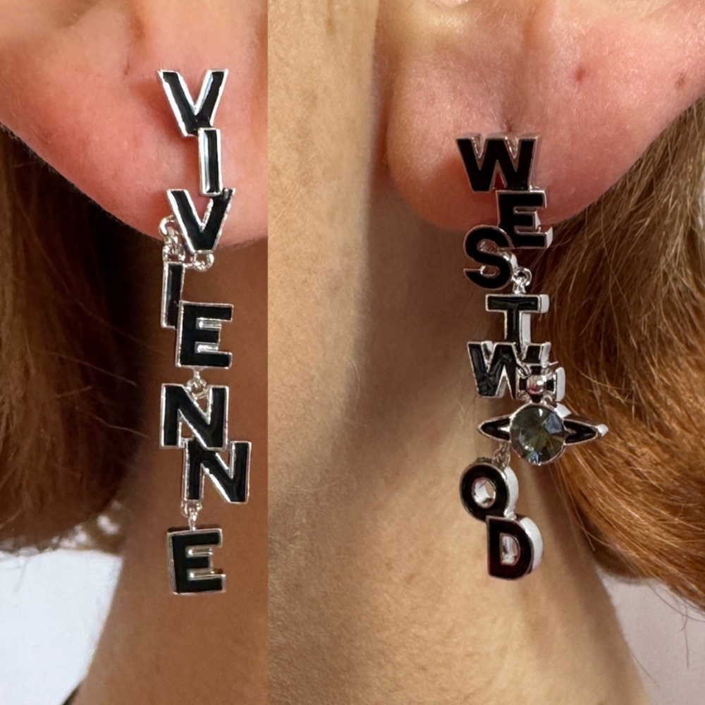 Dangling Jointed Vivienne Westwood Text Earrings w/ Orb